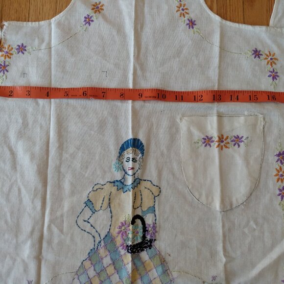 Vintage Full Apron Pinafore Handmade Embroidered Lady Flowers AS IS Flaws Ripped - Picture 8 of 14